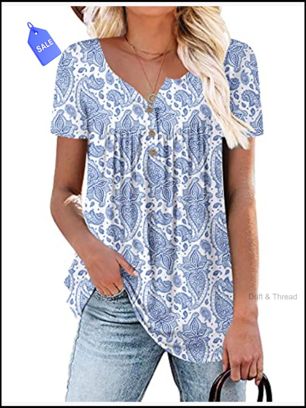 Womens Henley V Neck Casual Blouse Button Down Flare Tunic Top - Picture 2 of 7